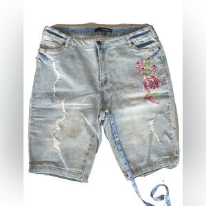 Plus Size 16W Embroidered Denim Bermuda Shorts | Distressed Y2K Boho Cottagecore